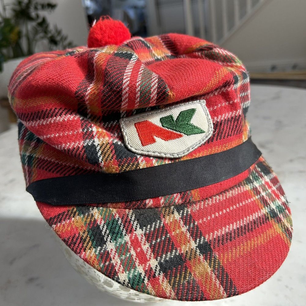 Vintage Northrop King Tartan Plaid Red Wool Pom Pom Beret Hat